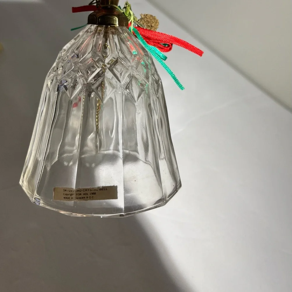 Vintage GLASS BELL W/ BRASS HANDLE Diamond Pattern Hand Bell~ Wedding Dinner 7”.